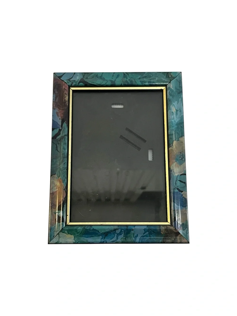 Vintage 80s National Picture Frame Teal Blue Green Marbled Floral Gold Trim 5x7